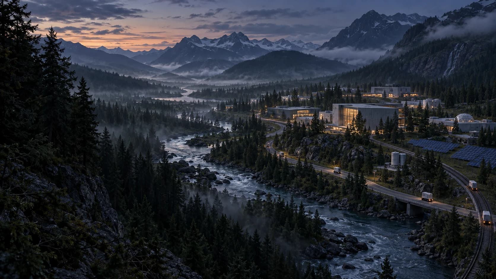 Conceptual view of an autonomous research campus with roads, rail and renewable energy in a forested mountain valley beside a river.