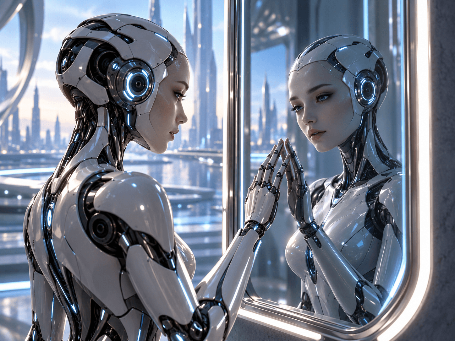 Female humanoid robot touching her reflection in a futuristic mirror.