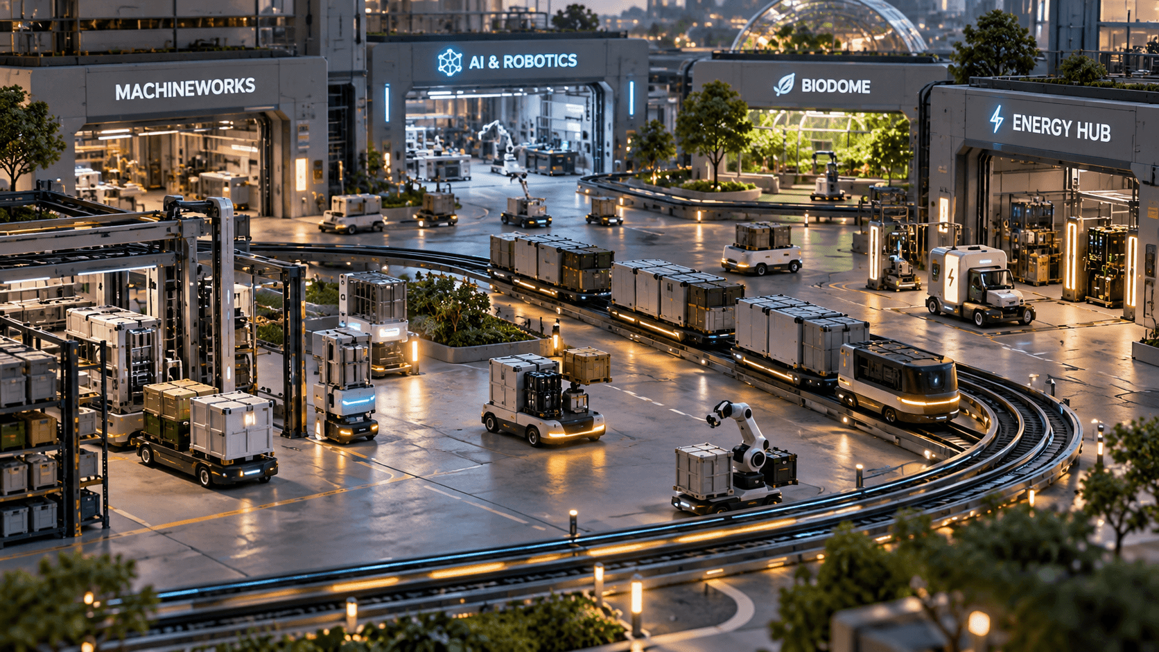 Autonomous logistics network with AI-controlled vehicles, compact rail transport and robotic infrastructure in City of Machines.